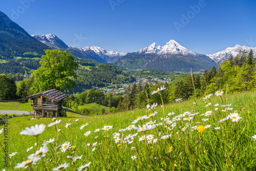 Alpine scenery with mountain chalet in summer