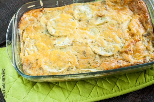 casserole of zucchini squash in a glass form