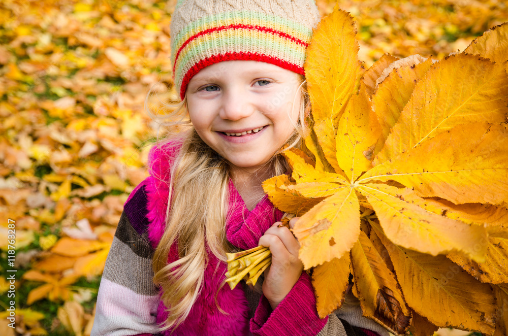 smiling girl with autumn leaves smiling girl with autumn leaves