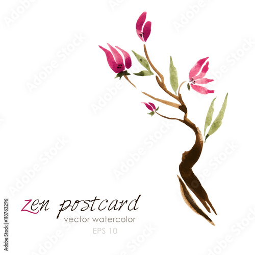 Chinese painting - zen-like natural hand-made vector watercolor flower illustration on white