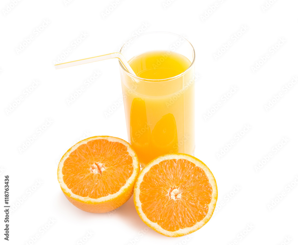 Glass of orange juice with fresh orange on white. Glass of orange juice with fresh orange on white.