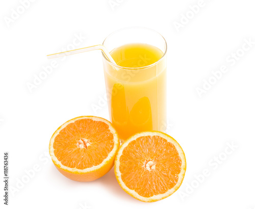 Glass of orange juice with  fresh orange on white.