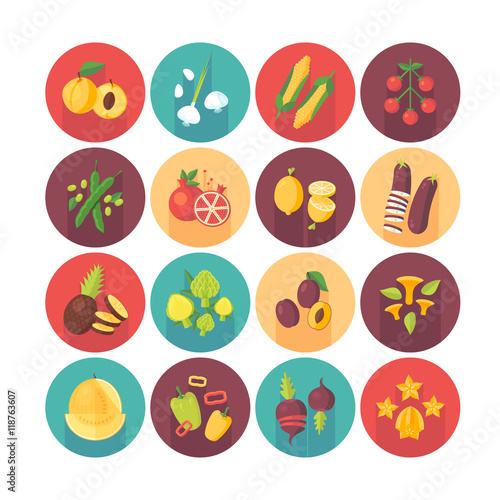 Fruits and vegetables, organic vegetarian food, healthy diet icons collection. Flat vector circle icons set with long shadow. Food and drinks.