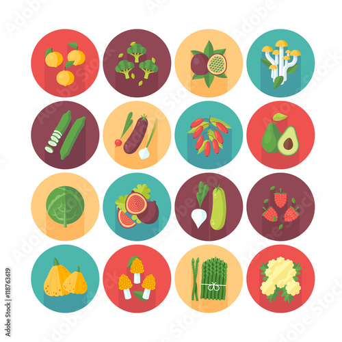 Fruits and vegetables, organic vegetarian food, healthy diet icons collection. Flat vector circle icons set with long shadow. Food and drinks.