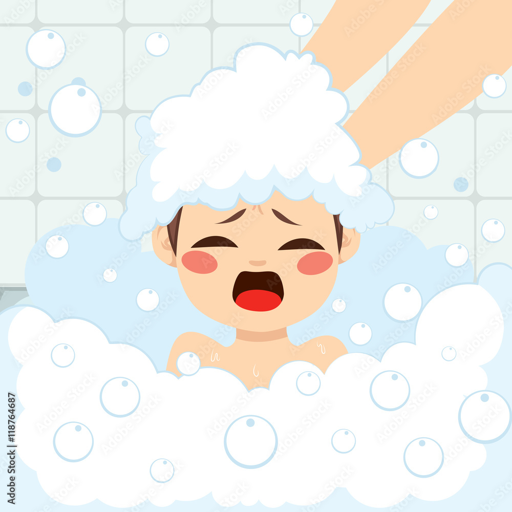 Baby boy annoyed while mother washing his hair on bathroom Baby boy annoyed while mother washing his hair on bathroom