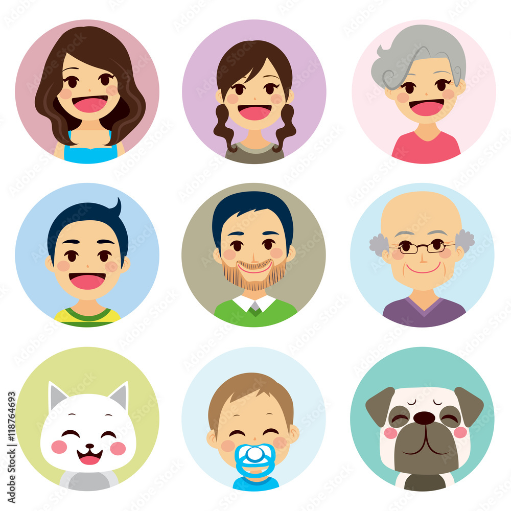 Happy extended family funny avatar portrait collection Happy extended family funny avatar portrait collection