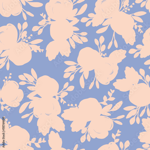 Seamless vintage flower silhouette pattern on blue background