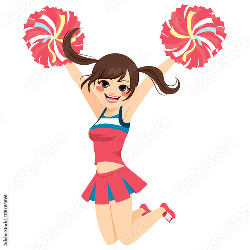 Young happy jumping cheerleader girl on uniform 