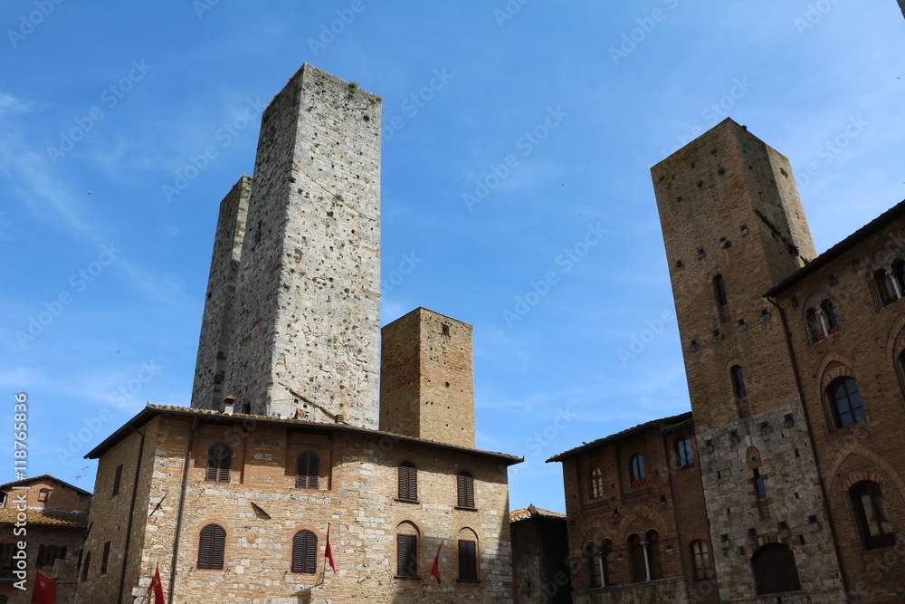 City of towers San Gimignano, Towers at Piazza del Duomo, Tuscany Italy