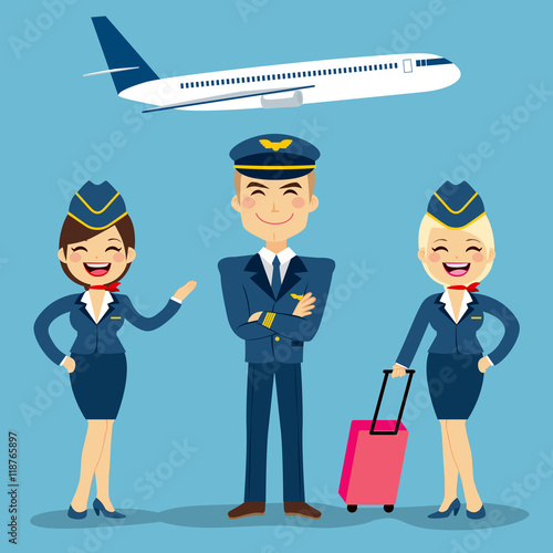 Professional aviation crew members with plane on background