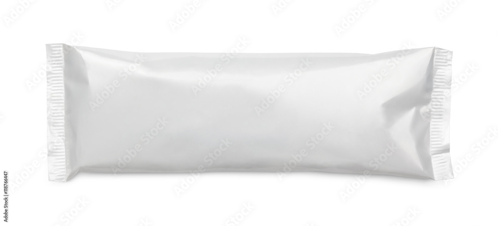 Top view of blank plastic pouch snack packaging isolated on white background with clipping path Top view of blank plastic pouch snack packaging isolated on white background with clipping path