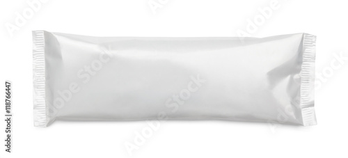 Top view of blank plastic pouch snack packaging isolated on white background with clipping path