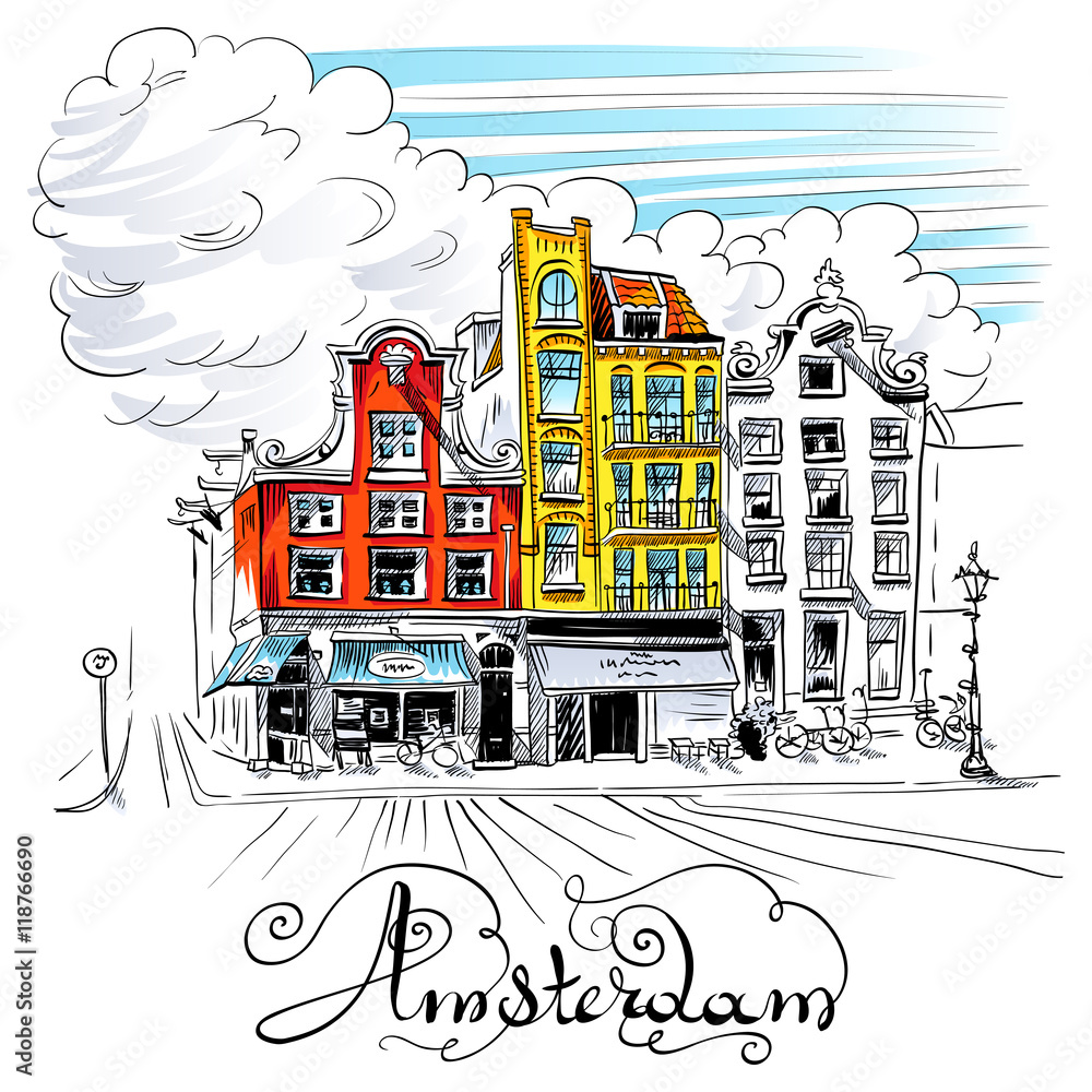 Color hand drawing, city view of Amsterdam typical houses, Holland, Netherlands.