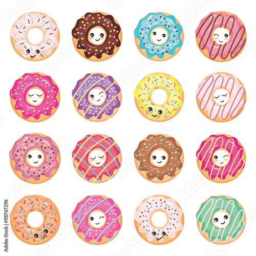 Kawaii glazed donuts set isolated on white.