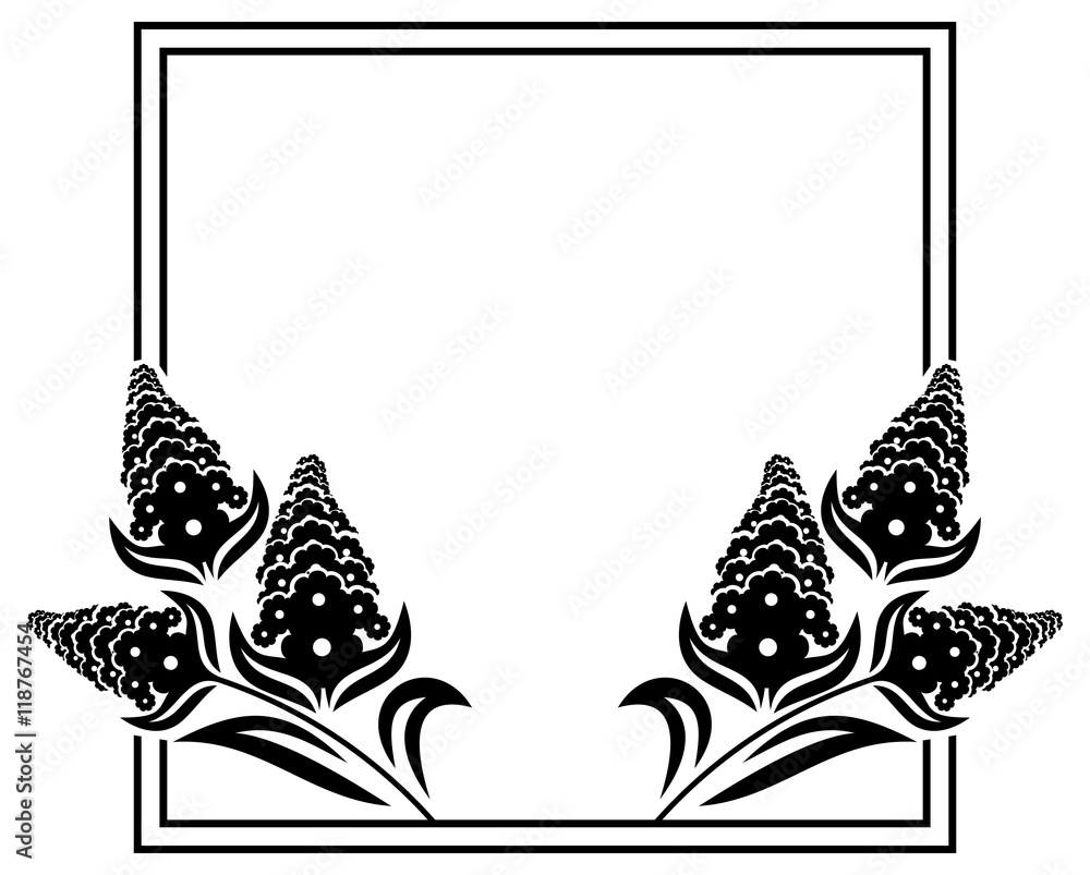 Square label with black and white decorative flowers silhouettes. Copy space. Design element for