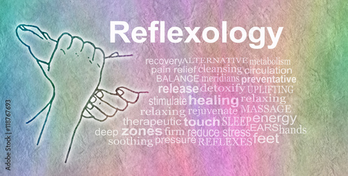 Foto Reflexology Word Cloud Banner - outline illustration of a pair of hands holding