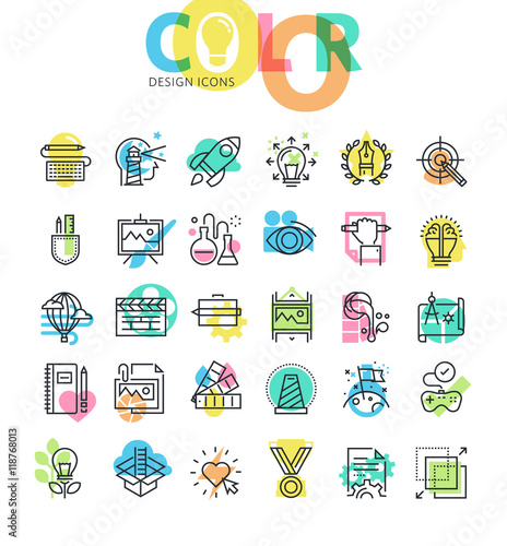 Flat line icons set of graphic design and product development process, media technology. Modern design icons for web and app design and development.