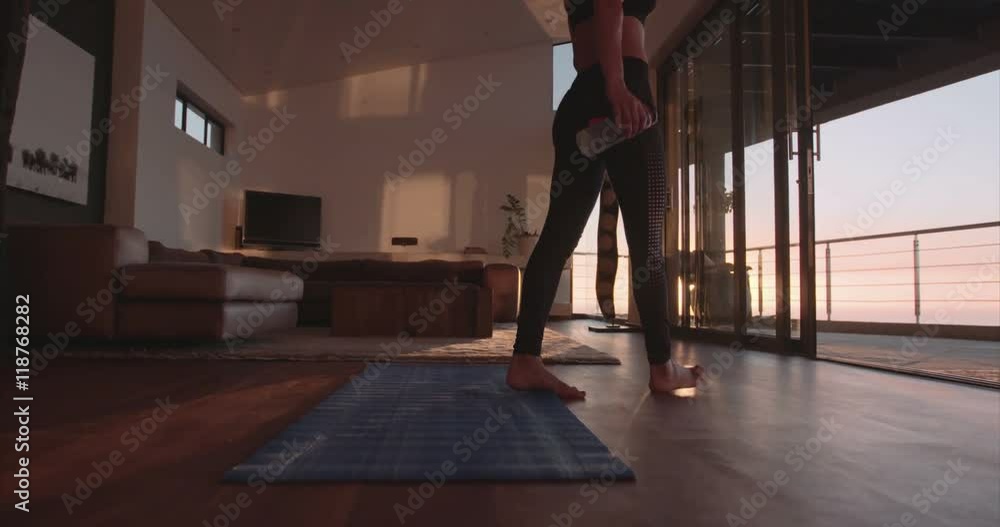 Young woman walking towards the balcony with water bottle, taking break from workout.
Young woman walking towards the balcony with water bottle, taking break from workout.