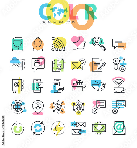 Flat line icons set of social media, networking, internet communication. Modern design icons for web and app design and development.