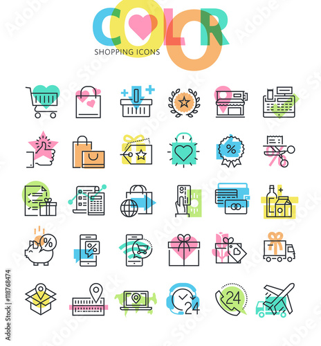 Flat line icons set of shopping, retail store, order and development procedure. Modern design icons for web and app design and development.