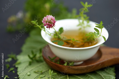 Spa with pink clover flowers and thyme herbal tea isolated on dark background