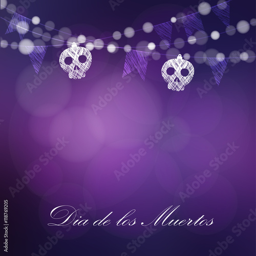 Dia de Los Muertos, Day of the Dead or Halloween card, invitation. String of lights, sculls and party flags. Vector illustration