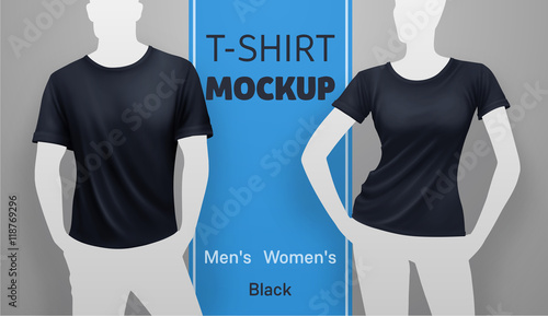 Black men and women t-shirt mockup. Vector realistic illustration