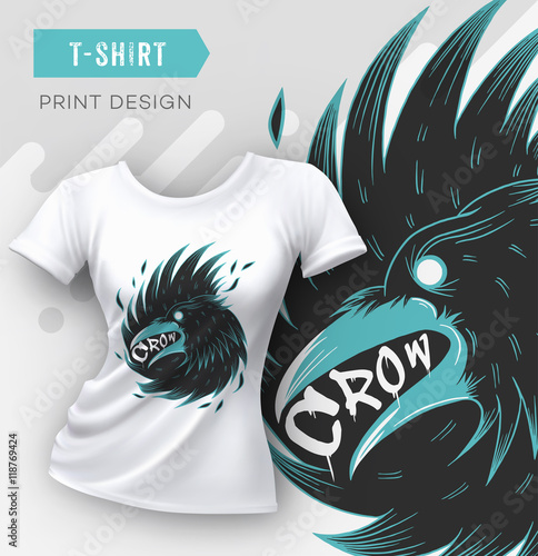Abstract modern t-shirt print design with crow. Vector illustration.