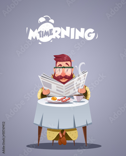 Daily Morning Life. young man having breakfast and reading a newspaper. Vector illustration