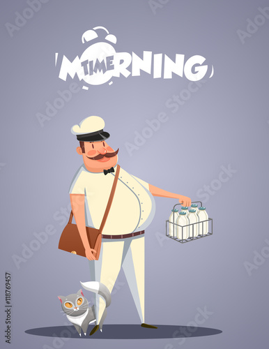 Daily Morning Life. Milkman and cat. Vector illustration