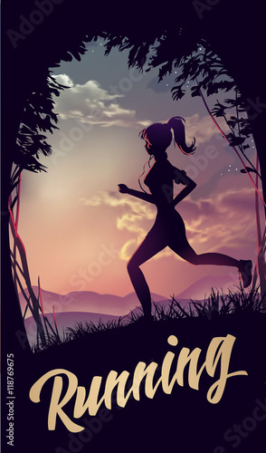 Sporty woman jogging at park in sunrise light. Vector illustration