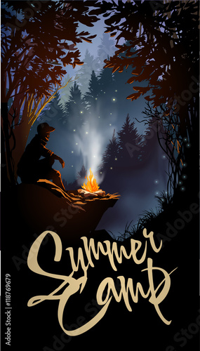 Traveler camping in forest in the mountains. Vector