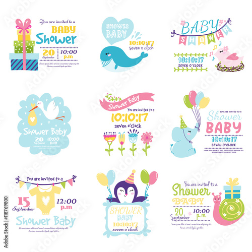 Baby shower design with cute woodland animals born arrival vector graphic. Party template vintage cute birth baby shower invitation. Welcome greeting baby shower invitation decoration celebration.