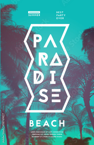 Summer party poster design template with palm trees silhouettes. Modern style. Vector illustration