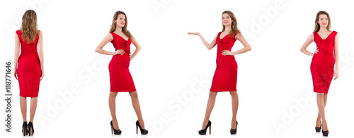 Young woman in red dress isolated on white