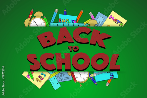 Back to school sign with texture and hand drawn school supplies. Hand drawn alarm, pencils, pen, notebook, workbooks and ruler on green chalkboard or blackboard background.