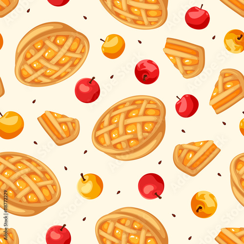 Vector seamless pattern with apple pies and apples.