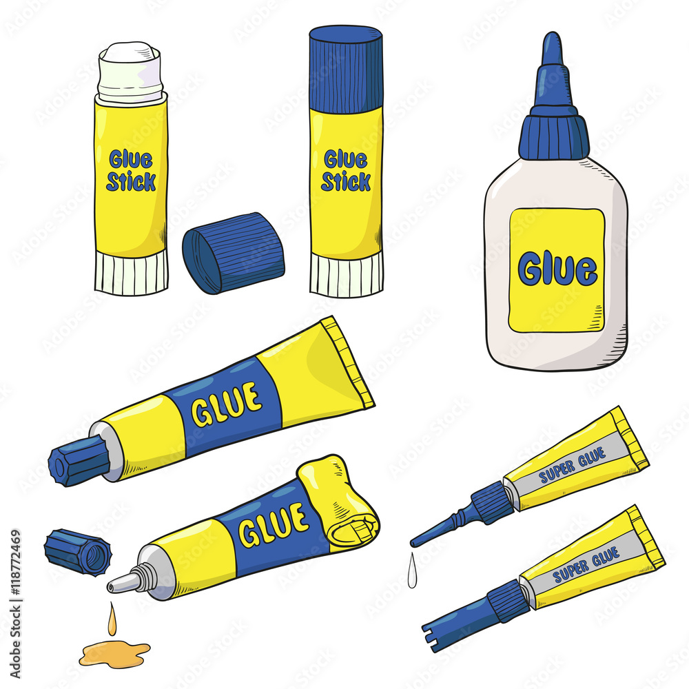 Cartoon Glue set. Vector collection of glue tubes, bottle and stick