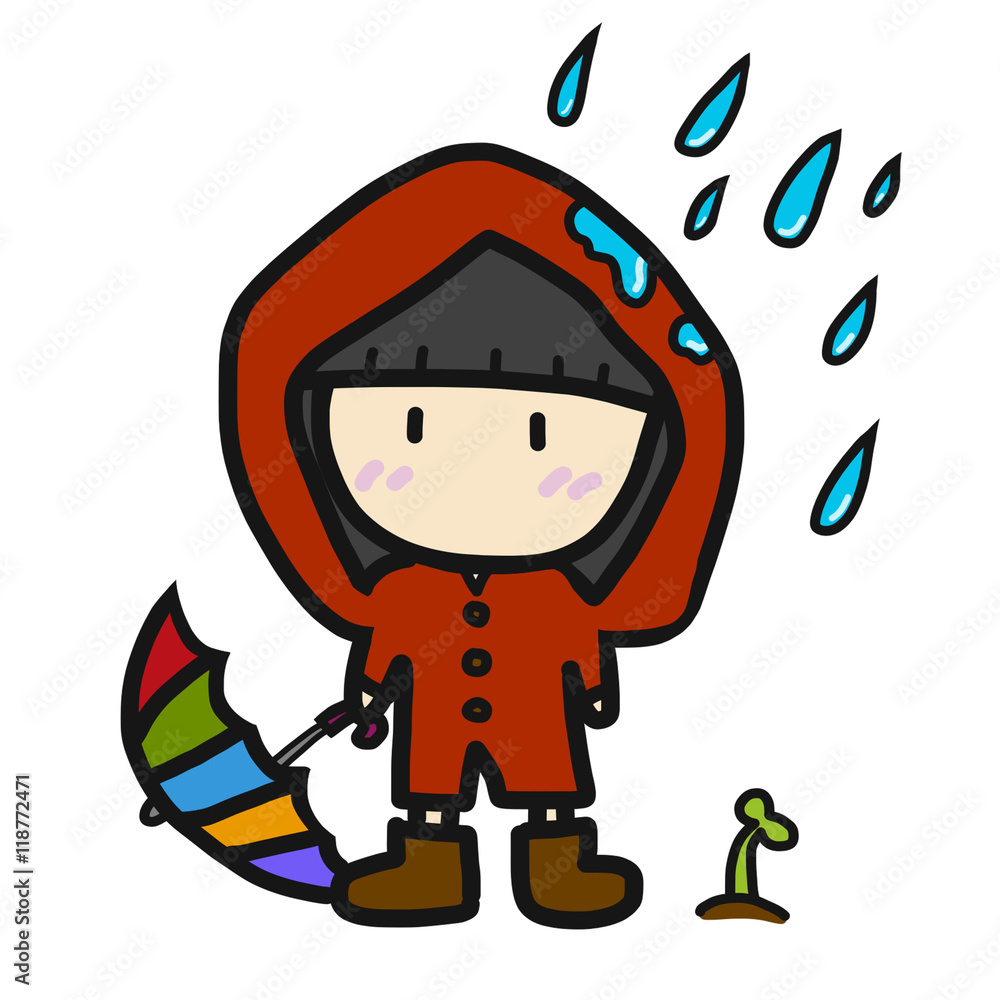 Cute girl in red rain coat illustration Cute girl in red rain coat illustration