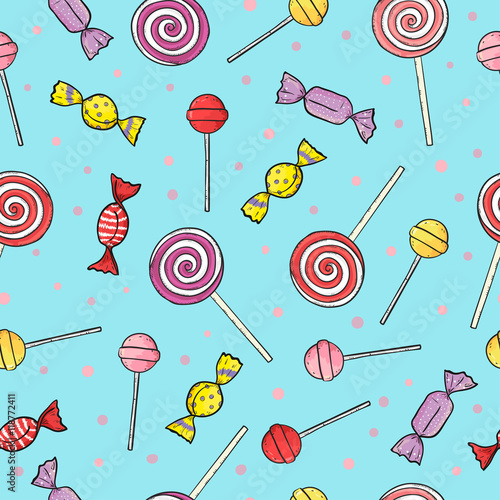 Colorful lollipop and candy seamless pattern. Vector sweets background.
