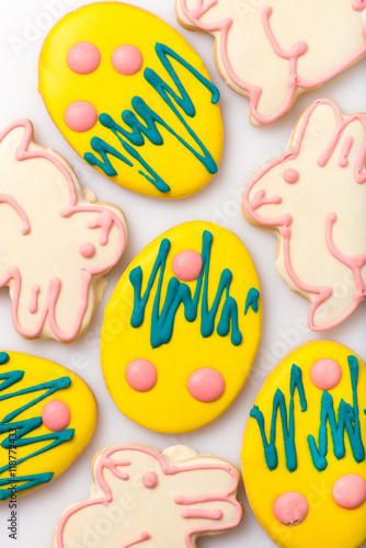 easter cookies on a white background, top view, vertical