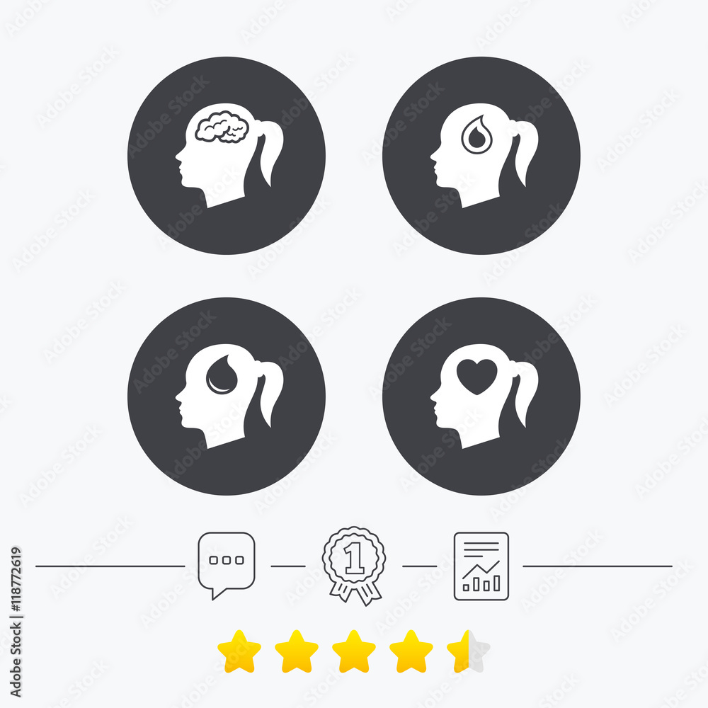 Head with brain icon.Female woman symbols. Head with brain icon.Female woman symbols.