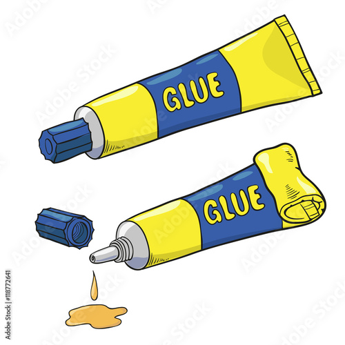 Cartoon glue tubes isolated on white. Vector illustration of open and closed tube. 