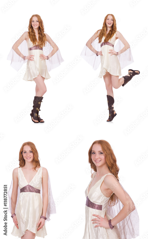 Pretty lady in light charming dress isolated on white Pretty lady in light charming dress isolated on white