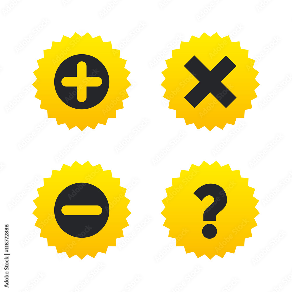 Plus and minus icons. Question FAQ symbol. Plus and minus icons. Question FAQ symbol.