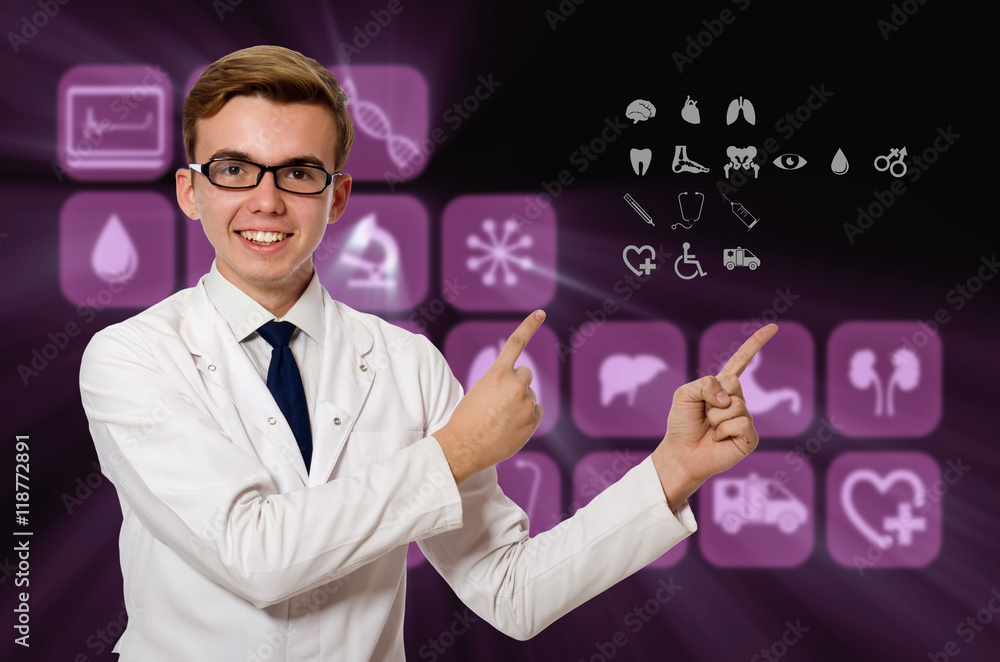 Man doctor pressing buttons with various medical icons Man doctor pressing buttons with various medical icons