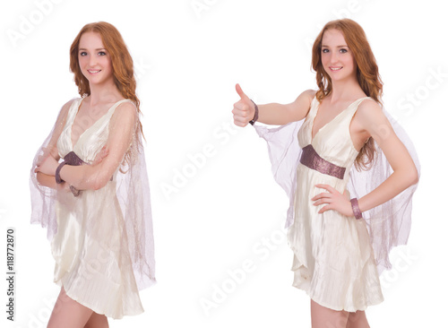 Pretty lady in light charming dress isolated on white