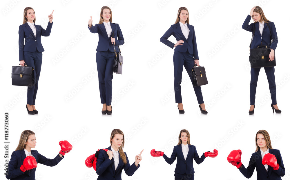 Woman businesswoman with boxing gloves on white Woman businesswoman with boxing gloves on white