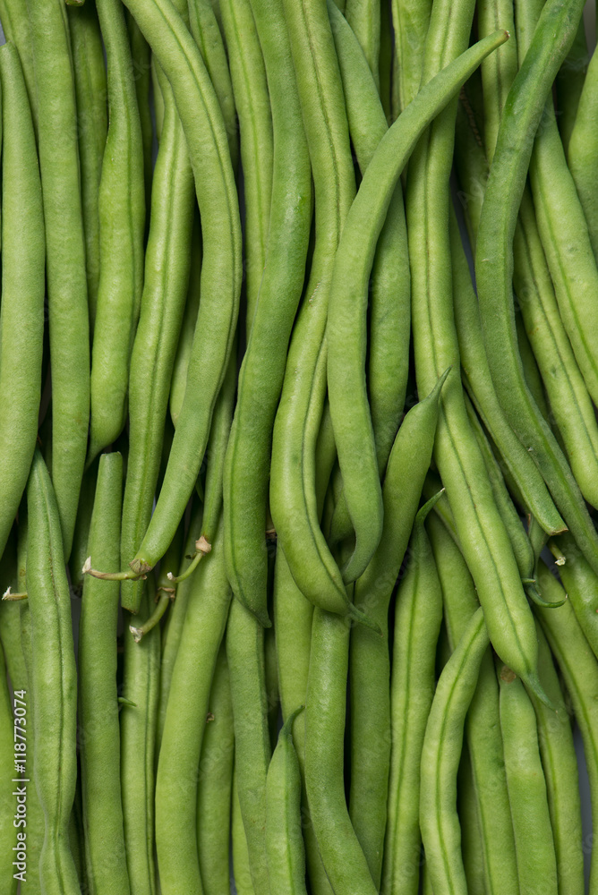 organic, green bush beans isolated on white background, full frame, top view, close up organic, green bush beans isolated on white background, full frame, top view, close up