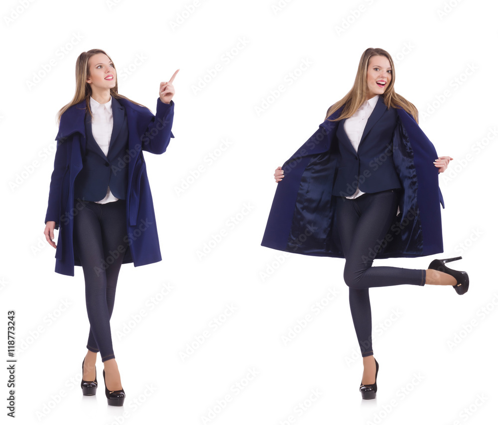 Woman pressing virtual button isolated on white Woman pressing virtual button isolated on white
